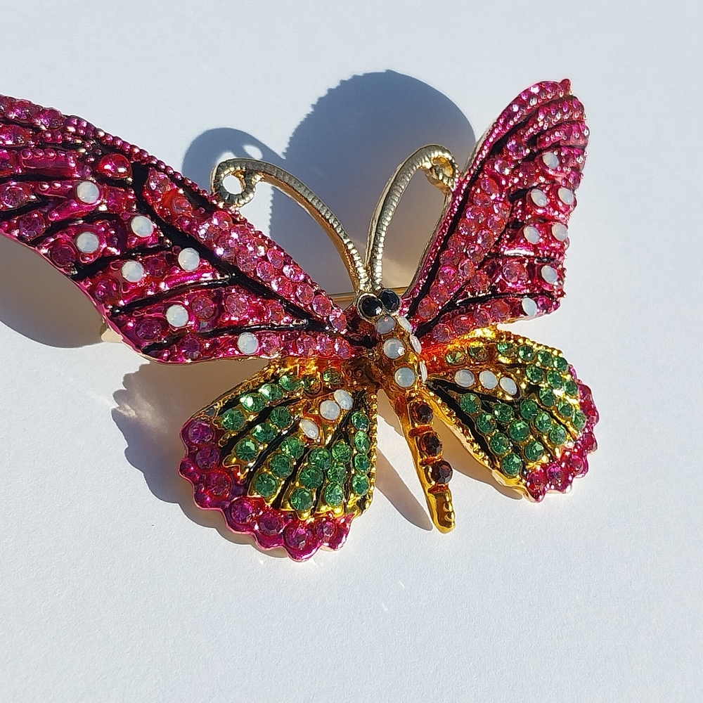 Elegant Butterfly Brooch with Pink and Green Crystals